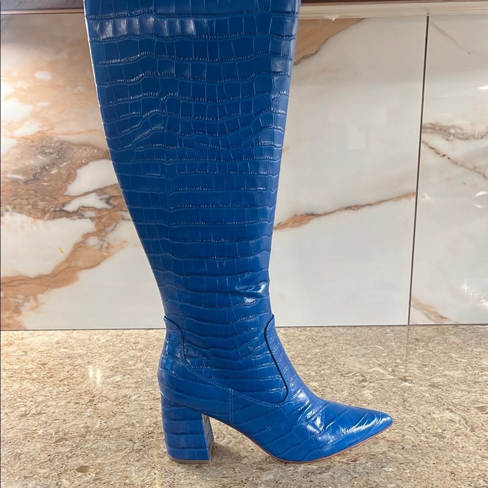 Marc Fisher Blue Heeled Boots with Croc Texture